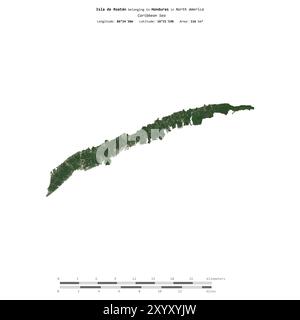 Isla de Roatan in der Karibik, die zu Honduras gehört, isoliert auf einem Satellitenbild, das am 6. Januar 2024 mit Entfernungsskala aufgenommen wurde Stockfoto