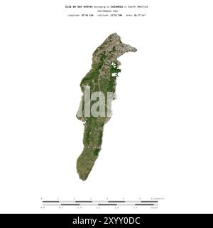 Isla de San Andres im Karibischen Meer, das zu Kolumbien gehört, isoliert auf einem Satellitenbild, das am 17. Januar 2023 mit Entfernungsskala aufgenommen wurde Stockfoto