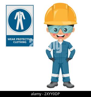 Industriesicherheitsingenieur mit Warnschild zur obligatorischen Verwendung von Sicherheitsanzügen. Schutzkleidung tragen. Sicherheit steht an erster Stelle. Persönliche Schutzausrüstung. Industr Stock Vektor