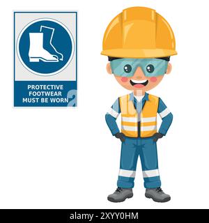Industrial Safety Engineer mit Warnschild für die obligatorische Verwendung von Sicherheitsstiefeln. Es müssen Schutzschuhe getragen werden. Persönliche Schutzausrüstung. Einstauben Stock Vektor