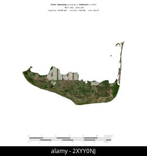 Pulau Sepanjang in der Bali-See, gehört zu Indonesien, isoliert auf einem Satellitenbild, das am 5. August 2023 mit Entfernungsskala aufgenommen wurde Stockfoto