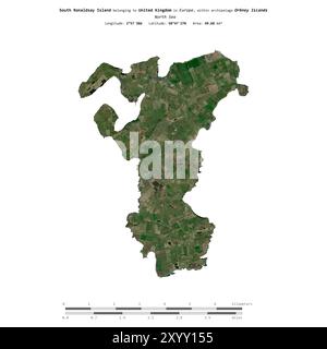 South Ronaldsay Island in der Nordsee, gehört zum Vereinigten Königreich, isoliert auf einem Satellitenbild, das im 30. Juni 2018 mit Entfernungsskala aufgenommen wurde Stockfoto