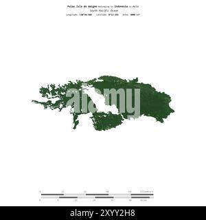 Pulau Isla de Waigeo im Südpazifik, das zu Indonesien gehört, wurde auf einem Satellitenbild vom 30. Mai 2023 mit Entfernungsskala isoliert Stockfoto