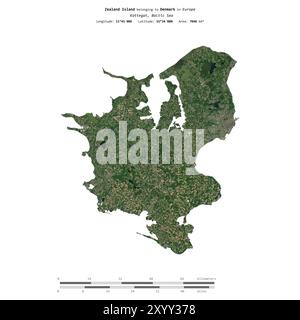 Die zu Dänemark gehörende Insel Seeland im Kattegat wurde auf einem Satellitenbild vom 11. Mai 2024 mit Entfernungsskala isoliert Stockfoto