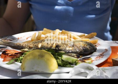 Fish and Chips auf einem Teller, Griechenland, Europa Stockfoto