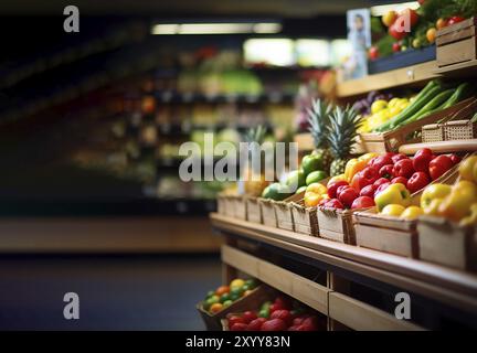 Supermarktzone mit frischem Bio-Gemüse und Obst im Regal oder in einer Schaufenster. Bauernmarkt. Gesundes Lebensmittelkonzept. Vitamine und Mineralstoffe in Stockfoto