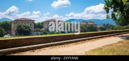 Panoramablick auf herrliche italienische Häuser von der alten Stadtmauer der historischen Stadt Lucca in der Toskana, Italien. Stockfoto