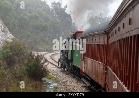 Eine Dampflokomotive Nr. 218A Klasse C16 der Zickzack-Bahn, die alte Touristenwagen für die Rückfahrt nach Clarence bei Lithgow in zieht Stockfoto