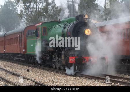 Eine Dampflokomotive Nr. 218A der Baureihe C16 beförderte eine kleine Flotte alternder Waggons, die Touristen auf der historischen Bahnstrecke, genannt Zick-Zag-Strecke, A, transportierte Stockfoto