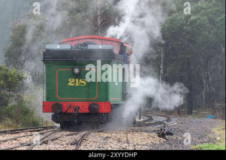 Eine Dampflokomotive Nr. 218A Class C16 hält für den Umstieg auf ein anderes Gleis in der kleinen Stadt Clarence bei Lithgow in den Blue Mountains von New South Stockfoto