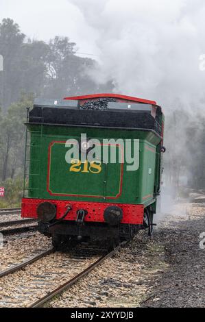 Eine Dampflokomotive Nr. 218A Class C16 hält für den Umstieg auf ein anderes Gleis in der kleinen Stadt Clarence bei Lithgow in den Blue Mountains von New South Stockfoto