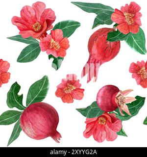 Lebendige Granatapfelblüten, Früchte und Blätter nahtloses Muster Aquarell isoliert auf weiß. Handgezeichnetes, realistisches, lebendiges Design für Wohnkultur Stockfoto