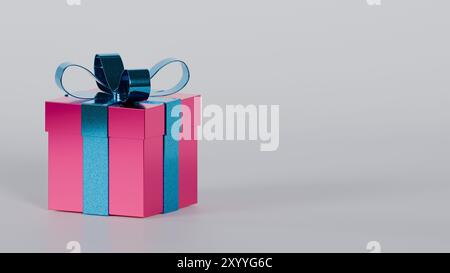 Raffinierte Geschenkbox mit minimalistischem Design. Leuchtend blaue Schleife im Kontrast zum Rosa. Weißer Hintergrund. Ideal für Grafikdesign und Marketing Stockfoto