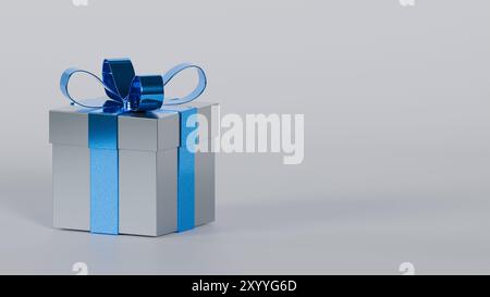 Raffinierte Geschenkbox mit minimalistischem Design. Leuchtend blaue Schleife im Kontrast zum Silber. Weißer Hintergrund. Ideal für Grafikdesign und Marketing Stockfoto