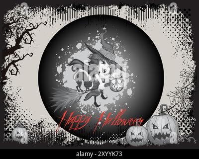 Eine Hexe fliegt auf einem Besenstiel und hält einen Kürbis. Der Hintergrund hat ein Halloween-Thema mit Kürbissen und einem Mond Stock Vektor