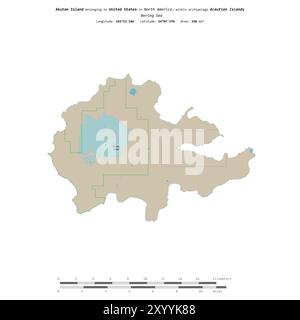 Akutan Island in der Beringsee, die zu den Vereinigten Staaten gehört, isoliert auf einer topografischen Karte im OSM-Standard mit Entfernungsskala Stockfoto