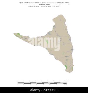 Die Insel Anjouan im Mosambik-Kanal, die zu den Komoren gehört, isoliert auf einer topografischen Karte im OSM-Standard mit Entfernungsskala Stockfoto