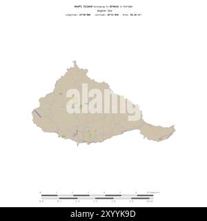 Anafi Island in der Ägäis, zu Griechenland gehört, isoliert auf einer topografischen Karte im OSM-Standard mit Entfernungsskala Stockfoto