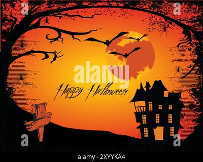 Ein Halloween-Poster mit Fledermäusen, die am Himmel fliegen, und ein Haus im Hintergrund. Auf dem Poster steht „Happy Halloween“ in fetten Buchstaben Stock Vektor