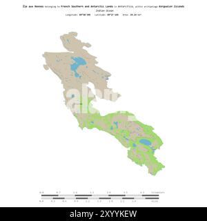 Ile aux Rennes im Indischen Ozean, das zu französischen südlichen und antarktischen Ländern gehört, isoliert auf einer topografischen Karte im OSM-Standard, mit Entfernung Stockfoto