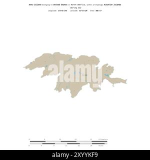 Attu Island in der Beringsee, die zu den Vereinigten Staaten gehört, isoliert auf einer topografischen Karte im OSM-Standard mit Entfernungsskala Stockfoto