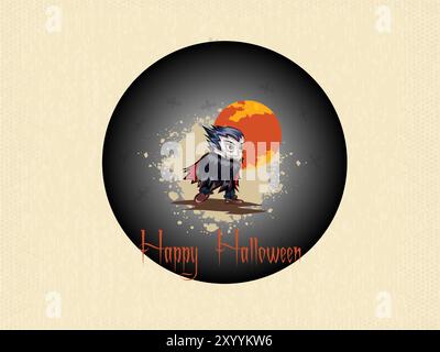 Ein Karikaturvampir läuft an einem Strand mit Sonnenuntergang im Hintergrund. Auf dem Poster steht „Happy Halloween“ in fetten Buchstaben Stock Vektor