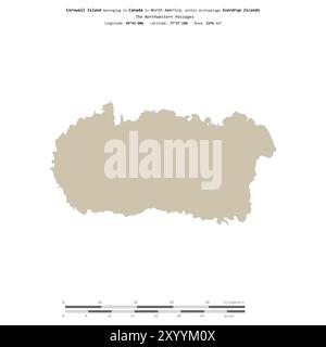 Cornwall Island in den Passagen im Nordwesten Kanadas, isoliert auf einer topografischen Karte im OSM-Standard mit Entfernungsskala Stockfoto