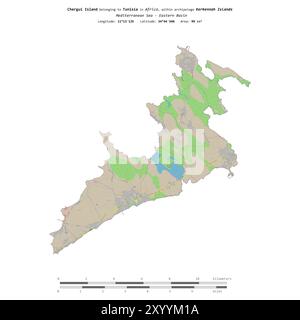 Chergui-Insel im Mittelmeer - Ostbecken, zu Tunesien gehört, isoliert auf einer topografischen Karte im OSM-Standardstil, mit Entfernungsskala Stockfoto
