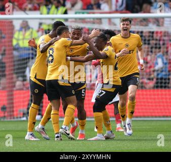 The City Ground, Nottingham, Großbritannien. 31. August 2024. Premier League Football, Nottingham Forest gegen Wolverhampton Wanderers; Jean Ricner Bellegarde von Wolverhampton Wanderers feiert das Treffer in der 12. Minute 1-1 Credit: Action Plus Sports/Alamy Live News Stockfoto