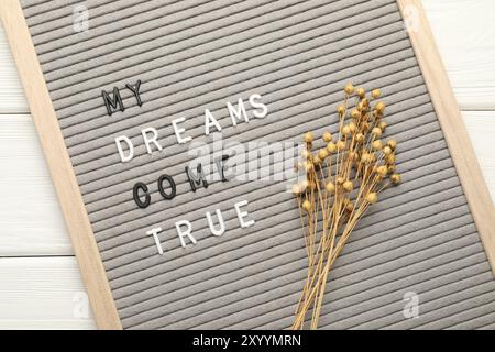 Brieftafel mit dem Satz My Dreams Come wahre und trockene Pflanzen auf weißem Holztisch, Blick von oben Stockfoto