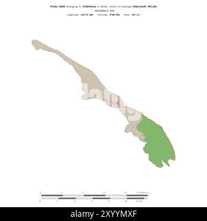 Pulau Gebe im Halmahera-Meer, das zu Indonesien gehört, isoliert auf einer topografischen Karte im OSM-Standard mit Entfernungsskala Stockfoto