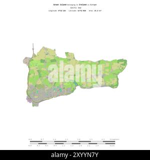 Great Island in der Keltischen See, zu Irland gehört, isoliert auf einer topografischen Karte im OSM-Standard mit Entfernungsskala Stockfoto