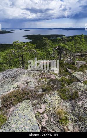 Regenschauer über dem Bottnischen Golf, Skuleskogen-Nationalpark, Hoega Kusten-Weltkulturerbe, Vaesternorrland, Schweden, Juli 2012, Europa Stockfoto