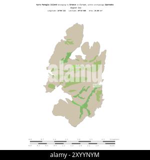 Kyra Panagia Insel in der Ägäis, zu Griechenland gehört, isoliert auf einer topografischen Karte im OSM-Standard mit Entfernungsskala Stockfoto