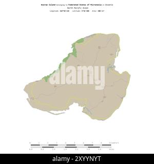 Kosrae Island im Nordpazifik, die zu den Föderierten Staaten von Mikronesien gehört, isoliert auf einer topographischen Karte im OSM-Standard, mit Distanz Stockfoto