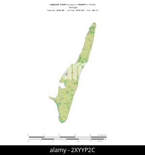 Langeland Island im Kattegat, das zu Dänemark gehört, isoliert auf einer topografischen Karte im OSM-Standard mit Entfernungsskala Stockfoto