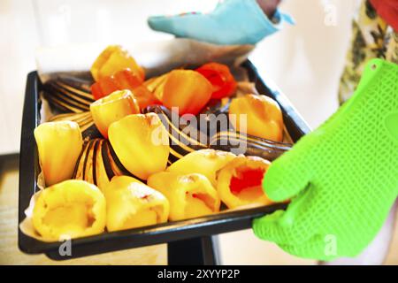 Nahaufnahme von gebratene Paprika und Auberginen in ein Fach ein Mann ist, in denen er seine Hände tragen Backofen Handschuhe. Party time Stockfoto