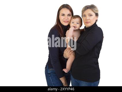 Großmutter, Tochter und Enkelin auf weißem Portrait, happy family Konzept Stockfoto