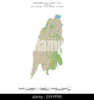 Die Insel Lefkada im Ionischen Meer gehört zu Griechenland, isoliert auf einer topografischen Karte im OSM-Standard mit Entfernungsskala Stockfoto