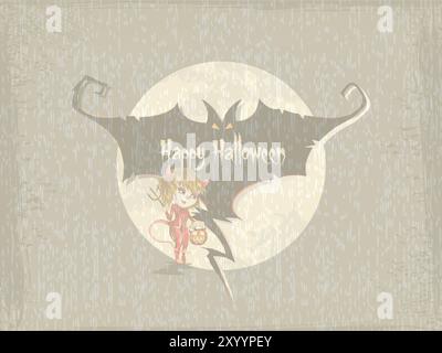 Ein Mädchen in rotem Kostüm, das einen Kürbis hält, steht vor einem Mond. Der Hintergrund ist mit einer Fledermaus versehen und die Worte „Happy Halloween“ sind rot geschrieben Stock Vektor