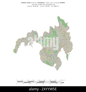 Mindanao Island in der Sulu-See, die zu den Philippinen gehört, isoliert auf einer topografischen Karte im OSM-Standard mit Entfernungsskala Stockfoto