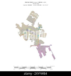 Muharraq Island im Persischen Golf, zu Bahrain gehört, isoliert auf einer topografischen Karte im OSM-Standard mit Entfernungsskala Stockfoto