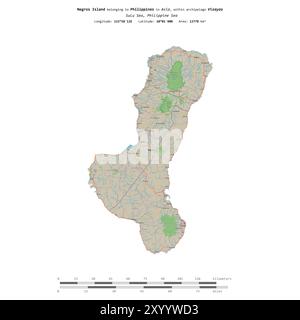 Negros Island in der Sulu-See, die zu den Philippinen gehört, isoliert auf einer topografischen Karte im OSM-Standard mit Entfernungsskala Stockfoto