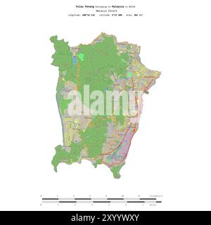 Pulau Penang in der Malakka-Straße, die zu Malaysia gehört, isoliert auf einer topografischen Karte im OSM-Standard mit Entfernungsskala Stockfoto