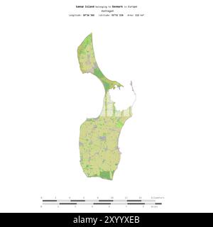 Sams Island im Kattegat, das zu Dänemark gehört, isoliert auf einer topografischen Karte im OSM-Standard mit Entfernungsskala Stockfoto