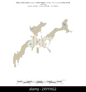 Sanday, Orkney Island in der Nordsee, gehört zum Vereinigten Königreich, isoliert auf einer topografischen Karte im OSM-Standardstil mit Entfernungsskala Stockfoto