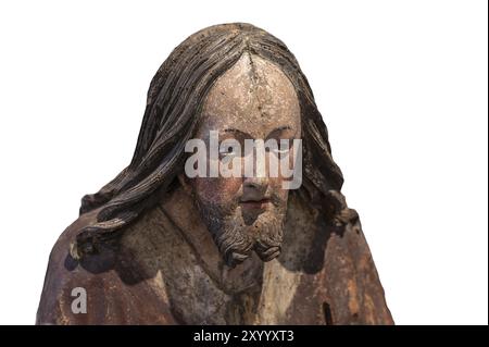 Kopf Christi, Detail des Palmesels, Holzfigur um 1520, auf weißem Hintergrund, Dioezesan Museum, . Rottenburg, Baden-Württemberg, Deutschland, Stockfoto