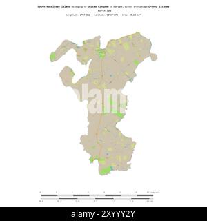 South Ronaldsay Island in der Nordsee, gehört zu Großbritannien, isoliert auf einer topografischen Karte im OSM-Standard mit Entfernungsskala Stockfoto