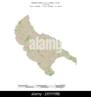 Die Insel Zakynthos im Ionischen Meer gehört zu Griechenland, isoliert auf einer topografischen Karte im OSM-Standard mit Entfernungsskala Stockfoto
