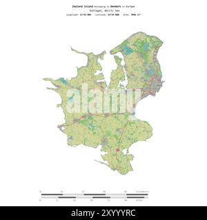 Die Insel Seeland im Kattegat gehört zu Dänemark, isoliert auf einer topografischen Karte im OSM-Standard mit Entfernungsskala Stockfoto